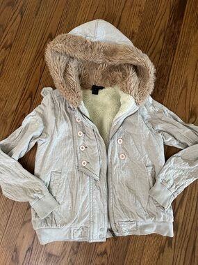Marc Jacobs Light Gray Hooded Jacket with Tan Faux Fur Trim